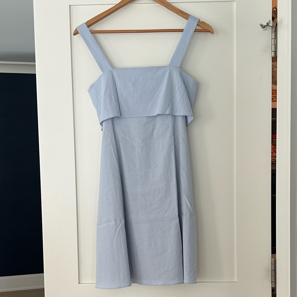 Theory Light Blue Drape back Mini Dress in stretch linen